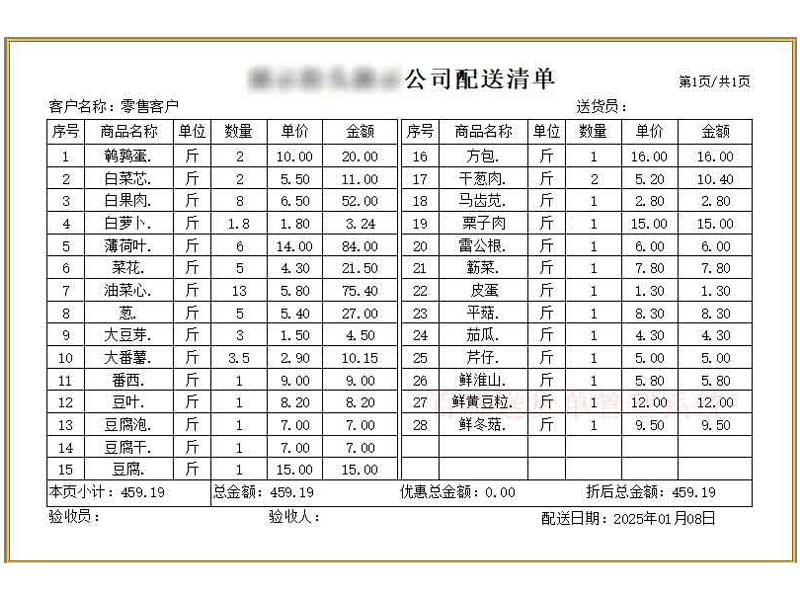 蔬菜肉类配送清单打印模板