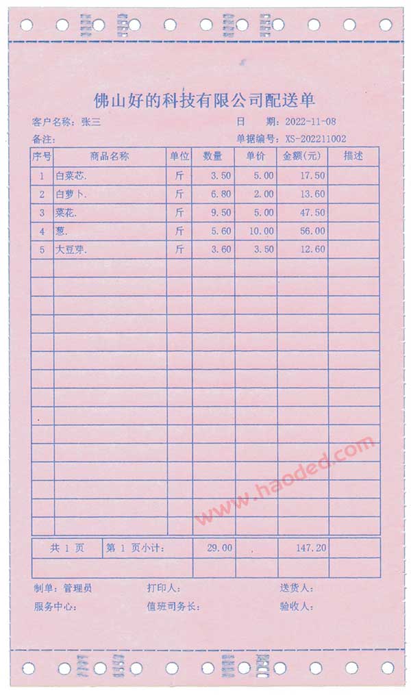 食堂生鲜配送单格式